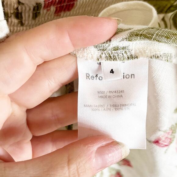 Reformation Rosemary Floral Print Linen Smocked Waist Mini Dress White 4 - Picture 4 of 10
